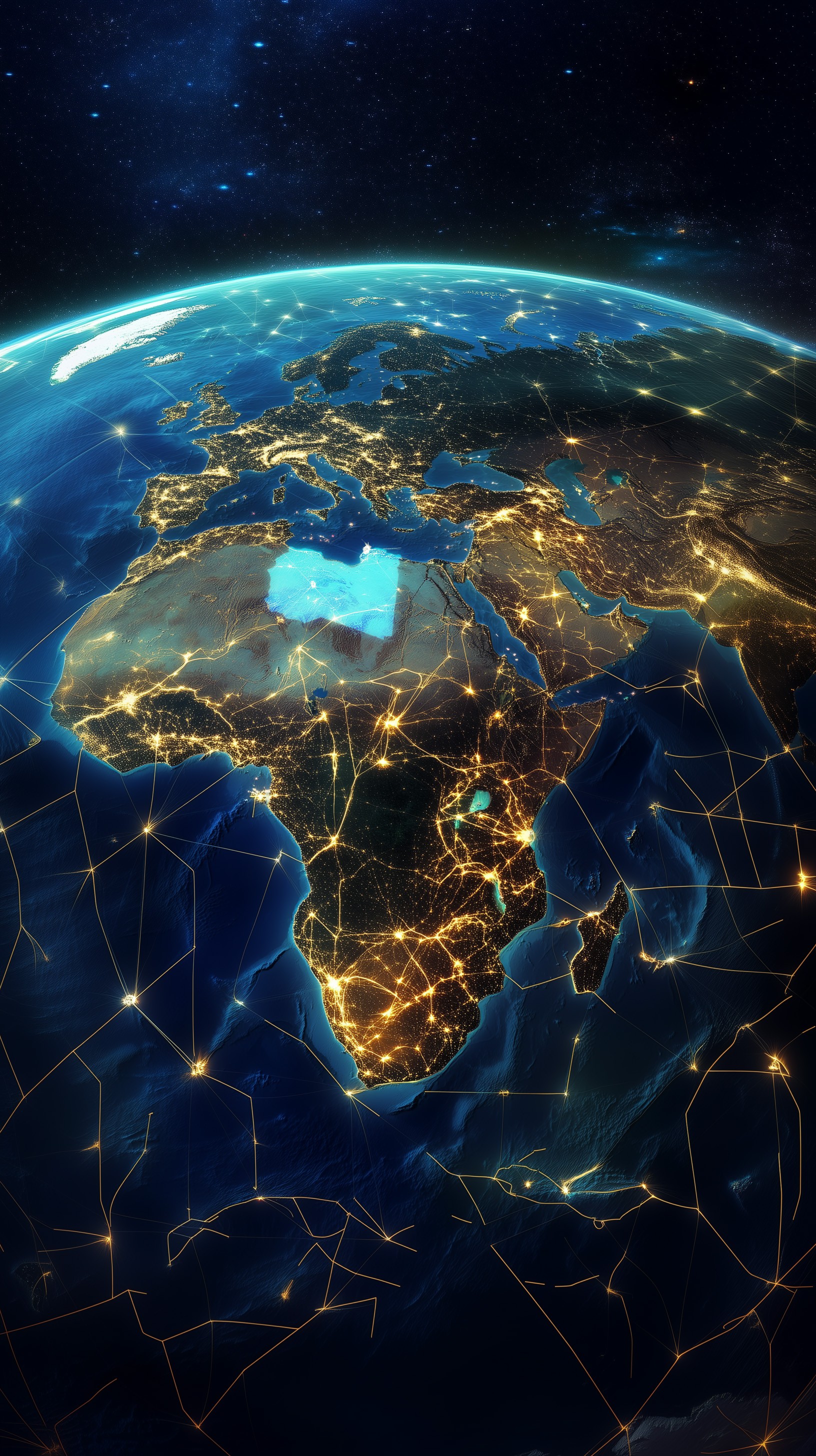 Earth at night with digital connection lines over North Africa